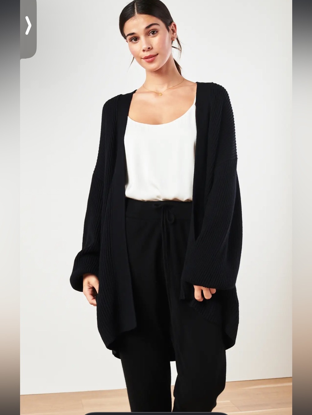 Quince Black Open-Front Ribbed Cardigan. Organic Cotton